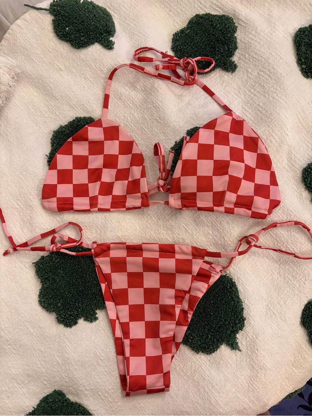 Red Checkered Tie-Side Bikini - Classic Triangle Swim Set